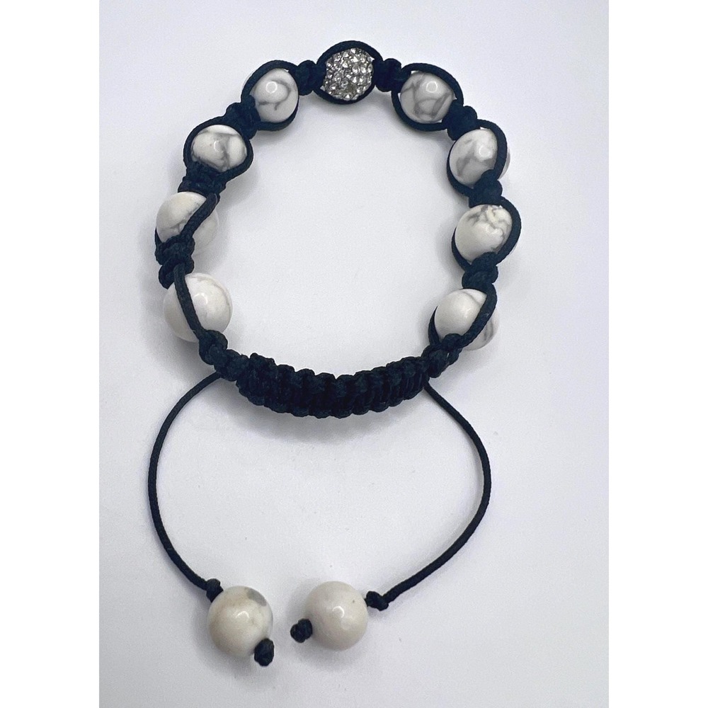 Boho‎ Adjustable Macrame Bracelet White Veined Beads Pave Accent 7–10"